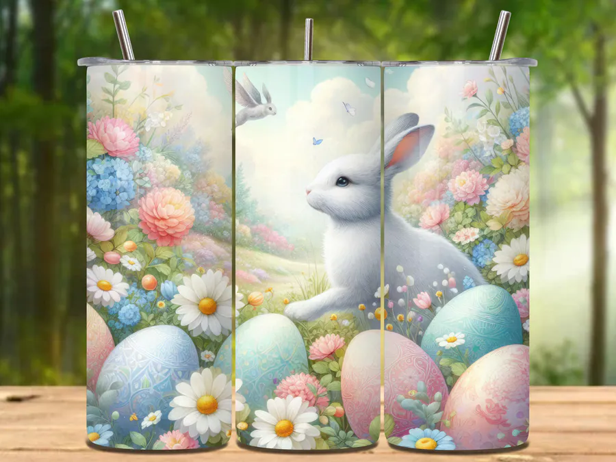 White Easter rabbit among pastel garden flowers and decorated eggs on a tumbler