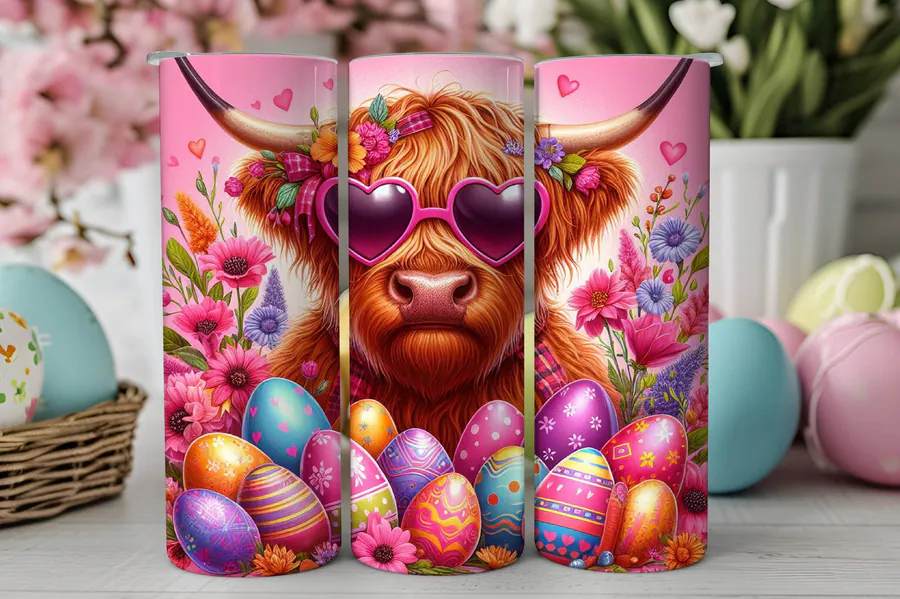 Colorful Easter cow wearing heart-shaped glasses among decorated eggs