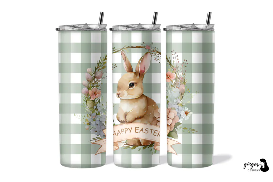 Rabbit and Happy Easter ribbon against pale green-gray gingham on a skinny tumbler