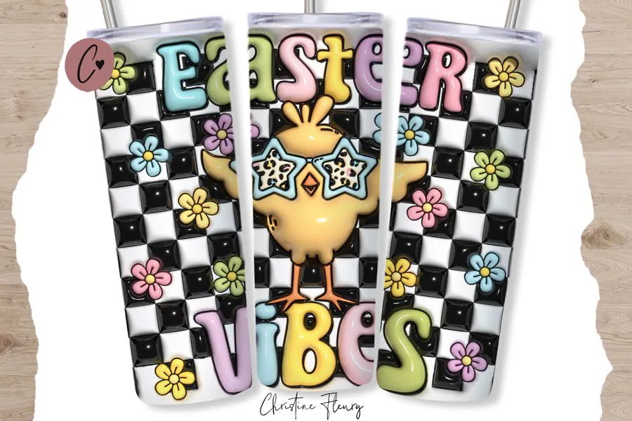 Yellow Easter chick with colorful Easter Vibes lettering and checkerboard pattern