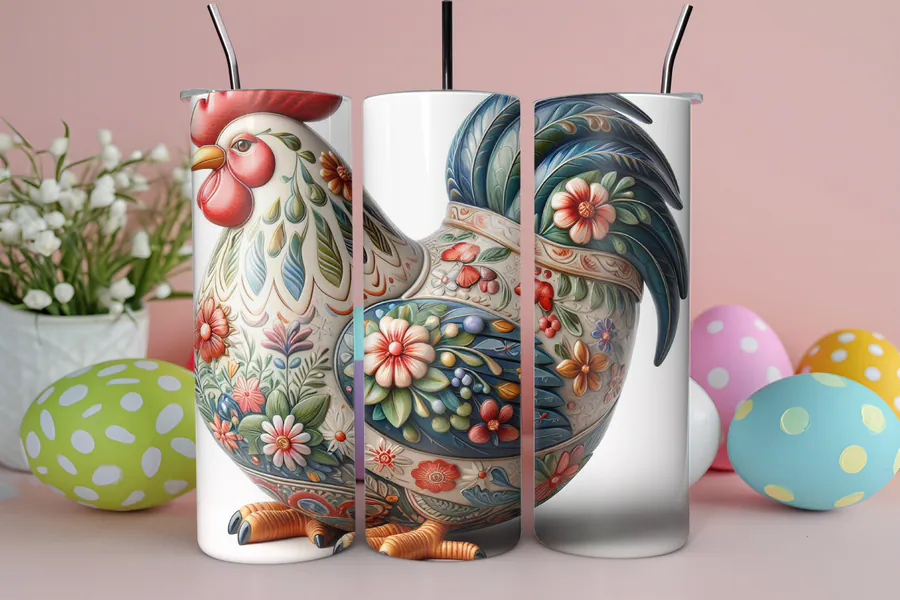 Ceramic-inspired floral hen and pastel Easter eggs on a skinny tumbler wrap