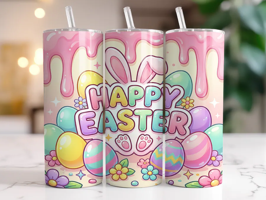 Pastel Happy Easter lettering, pink rabbit ears and decorated eggs on a tumbler