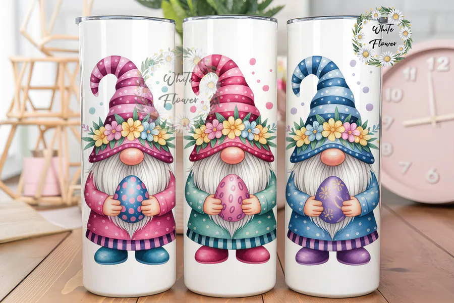 Three floral Easter gnomes holding decorated eggs on skinny tumbler previews