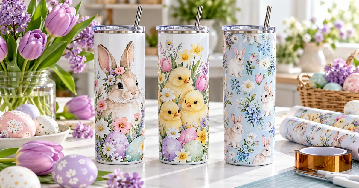 Three skinny tumblers decorated with pastel bunnies, Easter chicks and flowers on a spring craft table