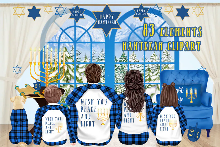 Hanukkah family clipart with figures, blue clothing and holiday symbols