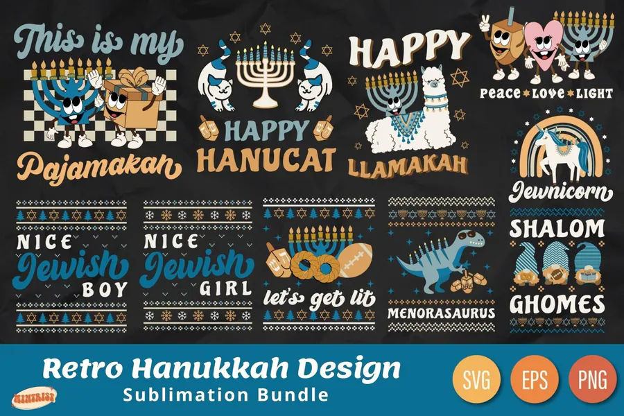 Retro Hanukkah graphic collection with playful greetings and character illustrations