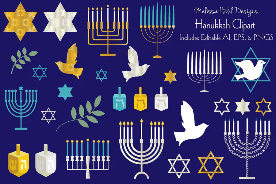 Thirty Hanukkah vector-style icons with menorahs, dreidels, doves and Stars of David
