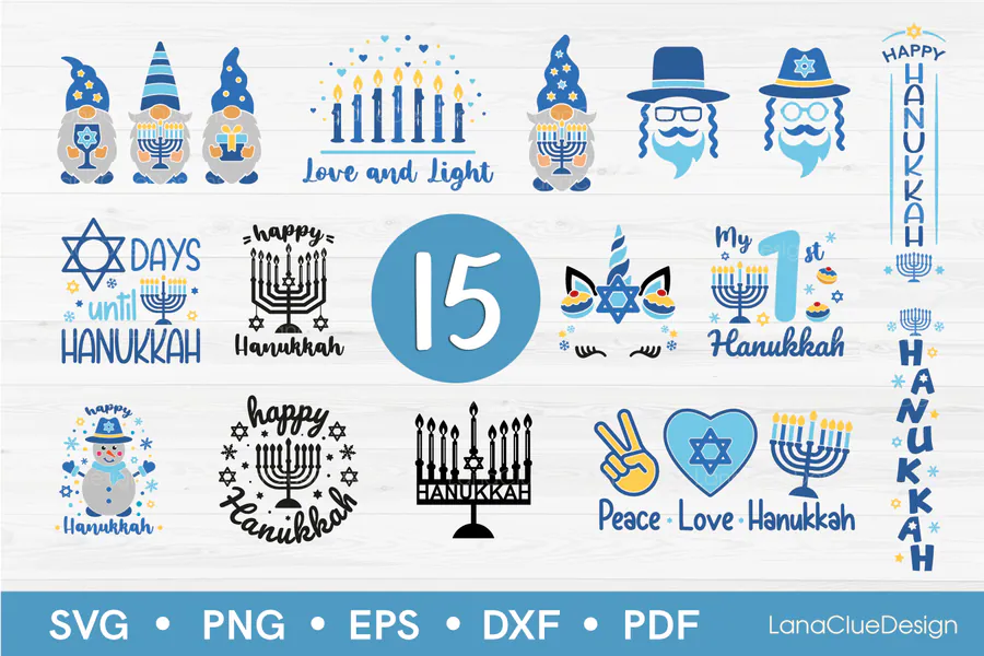 Fifteen Hanukkah designs with greetings, vertical text and cheerful characters
