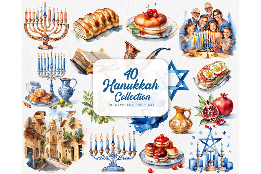 Watercolor Hanukkah collection with symbolic elements, family scenes and food motifs