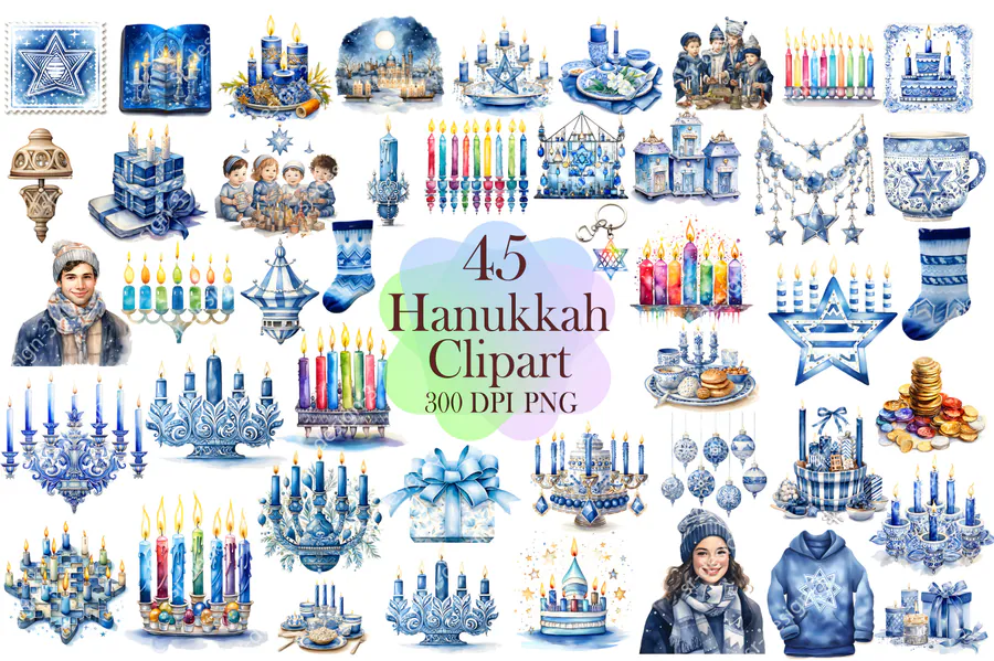 Forty-five blue and gold Hanukkah watercolor clipart scenes and symbolic objects