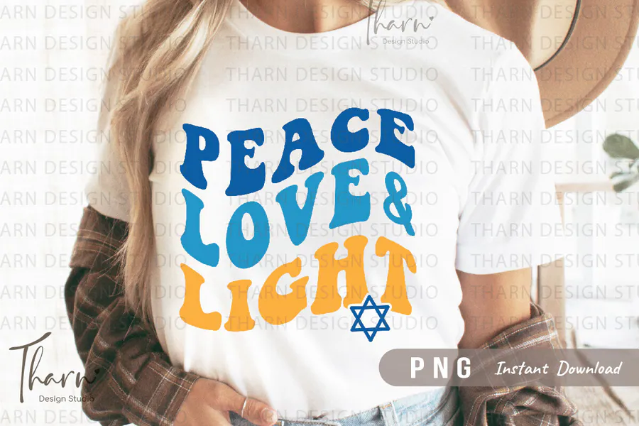 Blue and gold Peace Love Light Hanukkah greeting with a Star of David