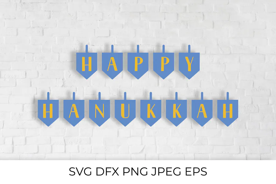 Happy Hanukkah lettering on blue dreidel-shaped pennants
