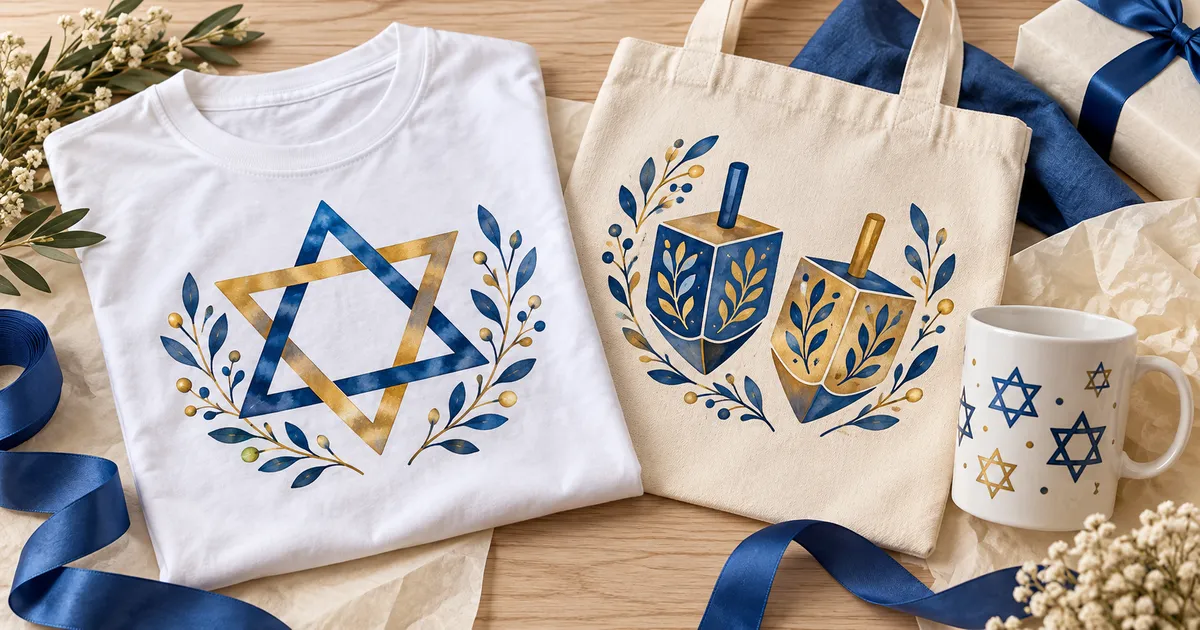 Hanukkah sublimation gift ideas with blue and gold Stars of David and dreidel illustrations on light fabric and a coated mug