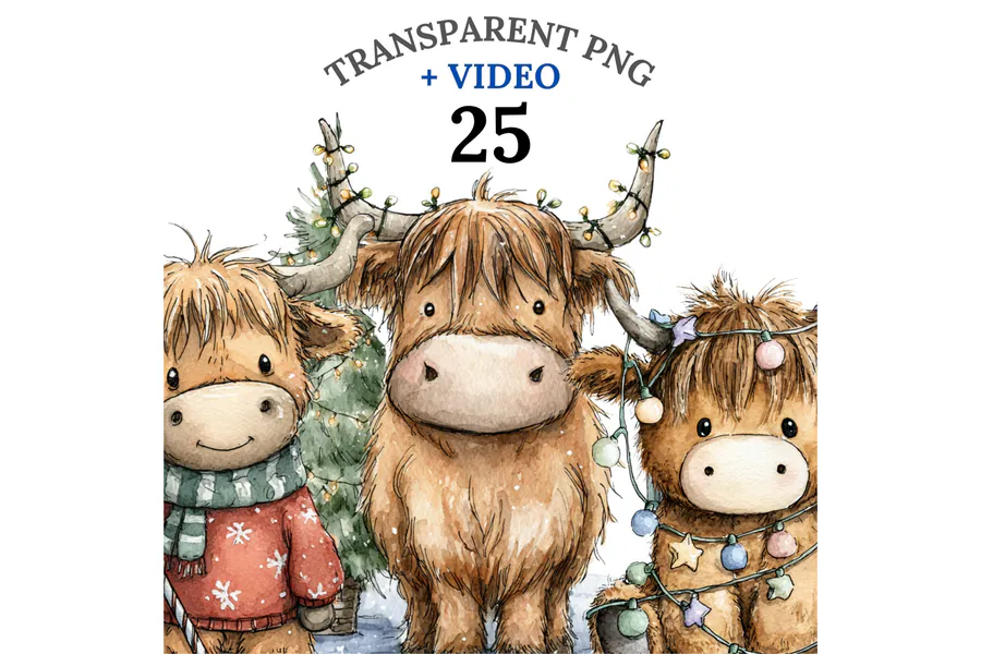 Twenty-five watercolor Christmas Highland cow clipart characters with festive accessories