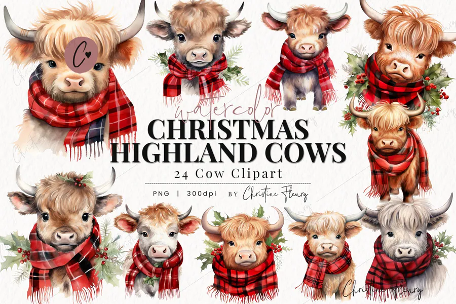 Watercolor Christmas Highland cow clipart set with twenty-four festive portraits
