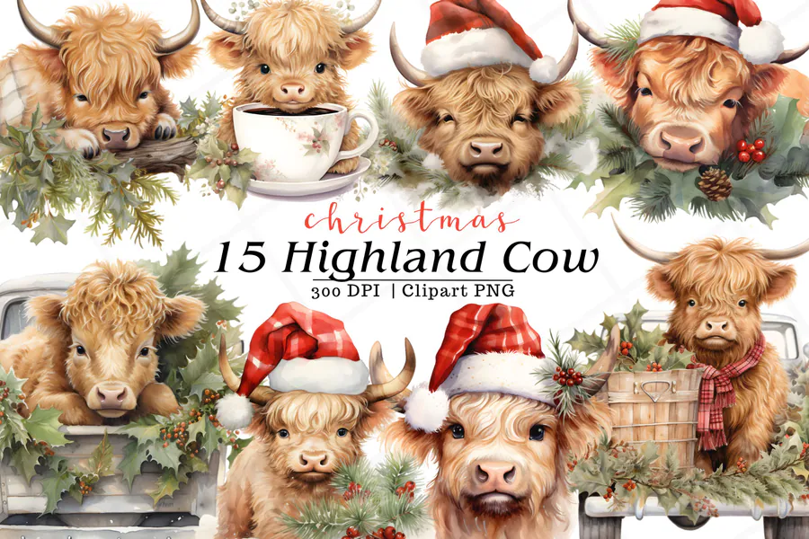 Fifteen watercolor Highland cow Christmas portraits with scarves and Santa hats