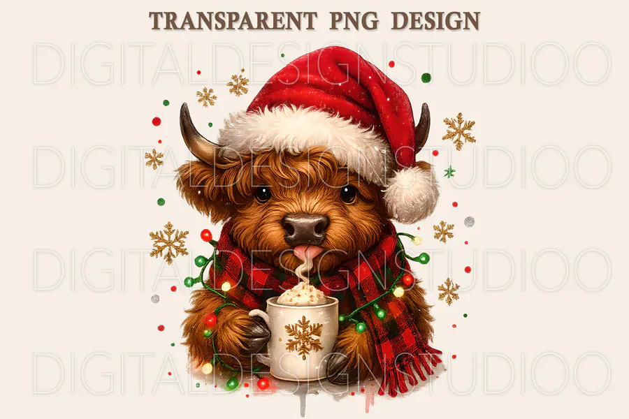 Cute Christmas Highland calf holding a hot cocoa mug with festive lights