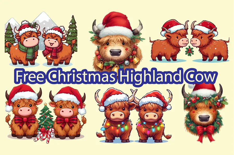 Six Christmas Highland cow PNG graphics with cheerful cartoon and portrait styles
