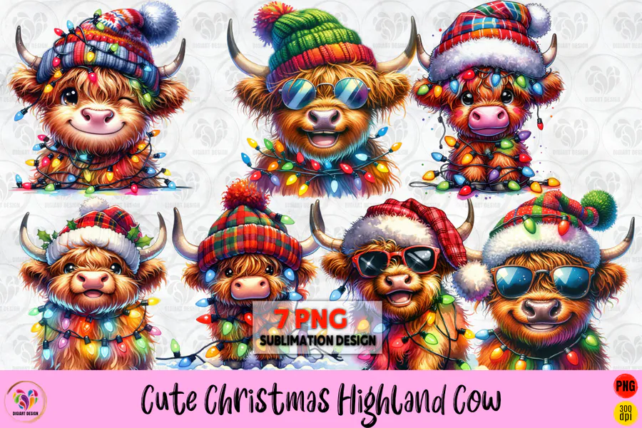 Colorful Christmas Highland cow bundle with tartan hats, sunglasses and string lights