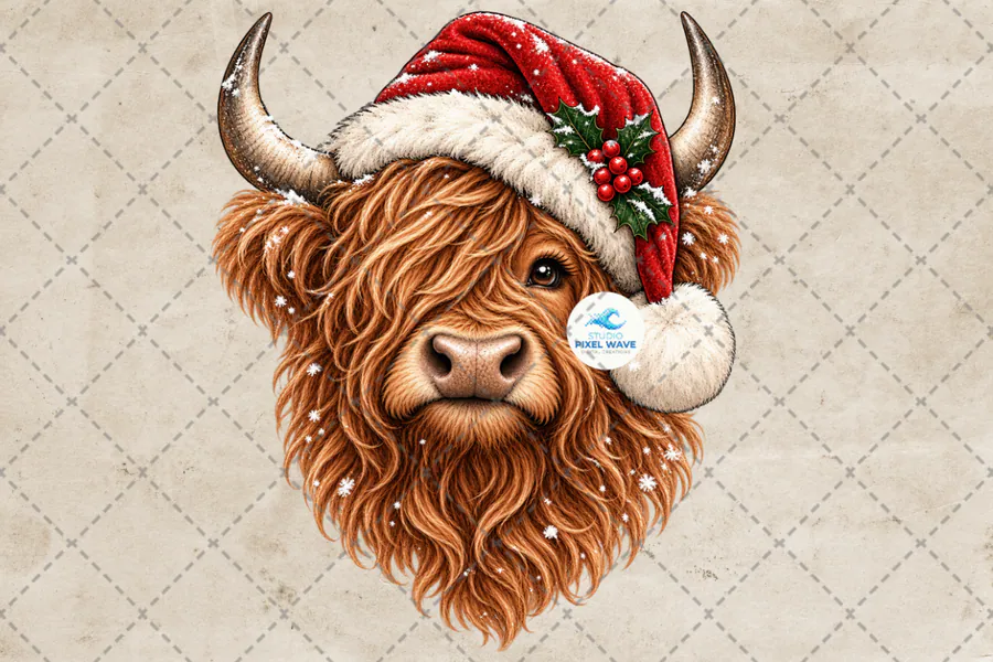 Highland cow Christmas portrait with a red Santa hat, holly and warm brown fur