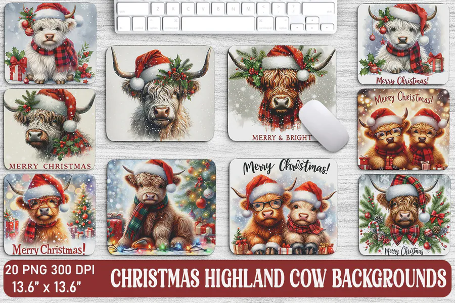 Christmas Highland cow background collection with square festive scenes and greetings