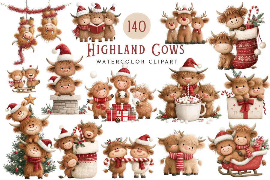 Large watercolor Christmas Highland cow collection with characters, cocoa and festive scenes