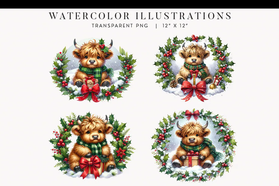 Four Christmas Highland cow watercolor wreath designs with scarves, ribbons and gifts