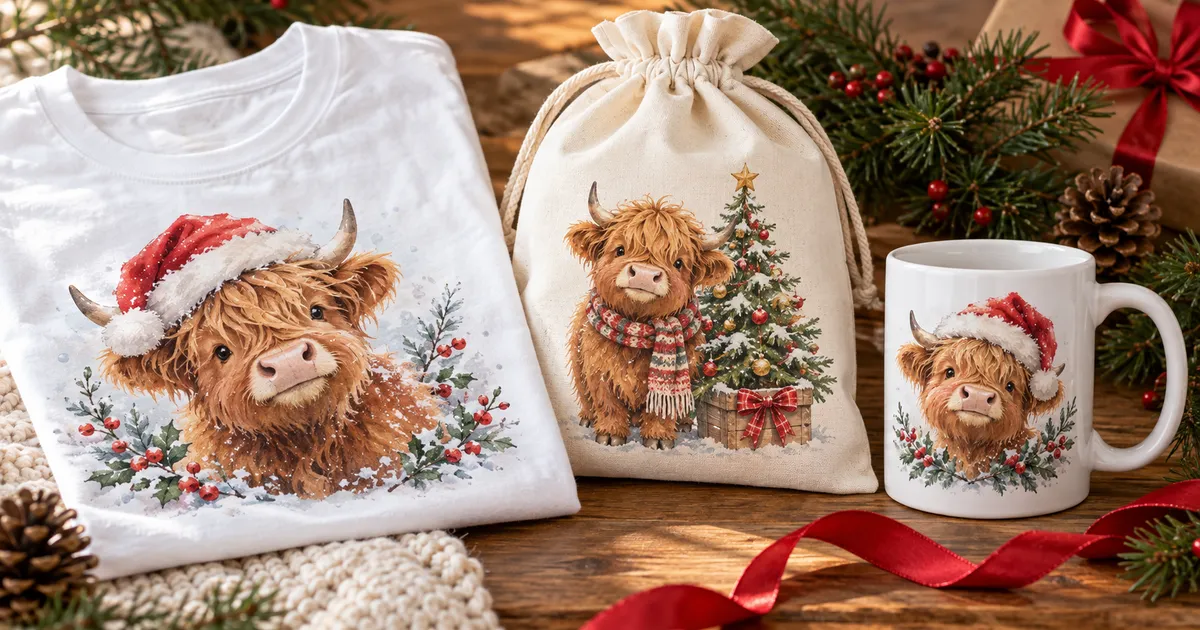 Highland cow Christmas sublimation ideas on a light shirt, mug and gift bag with festive cow artwork