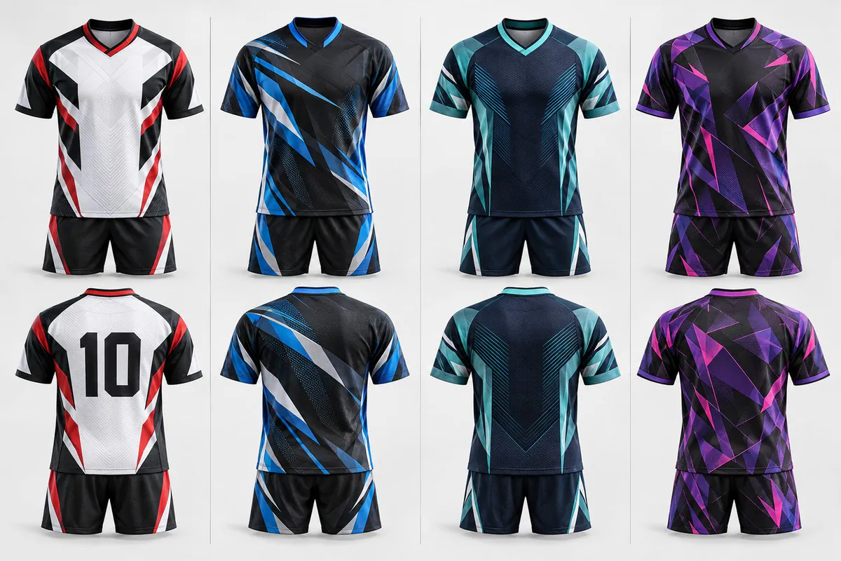 Four front-and-back team uniform mockups comparing a clear number panel with more patterned back layouts
