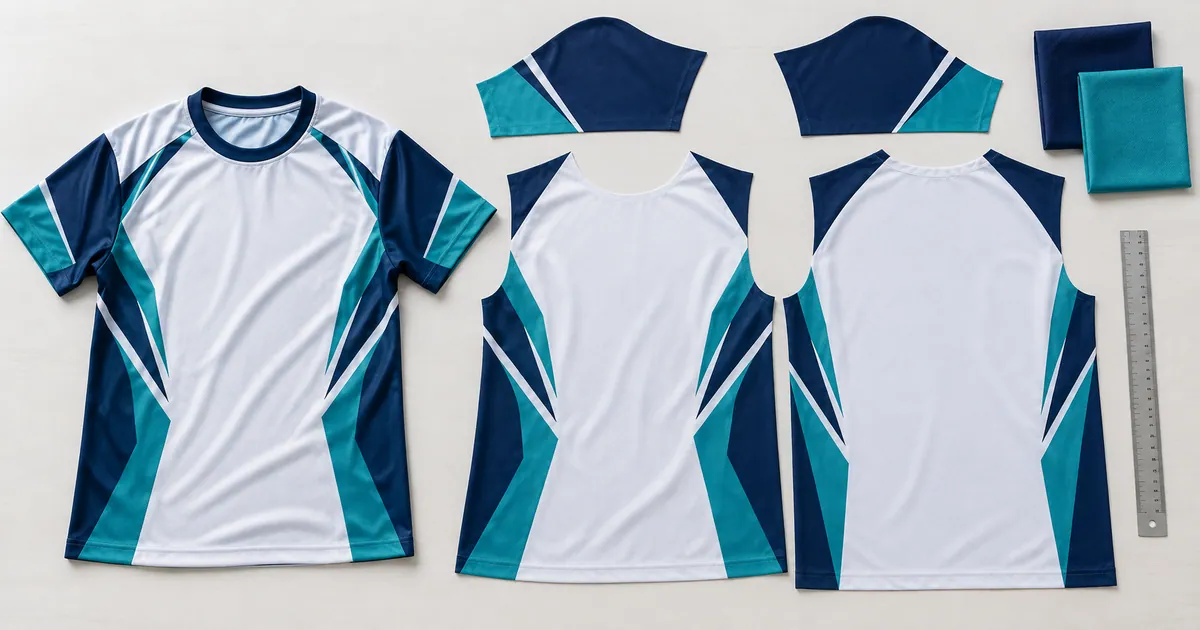 Navy and teal team jersey beside matching front, back and sleeve fabric panels with open player-detail areas