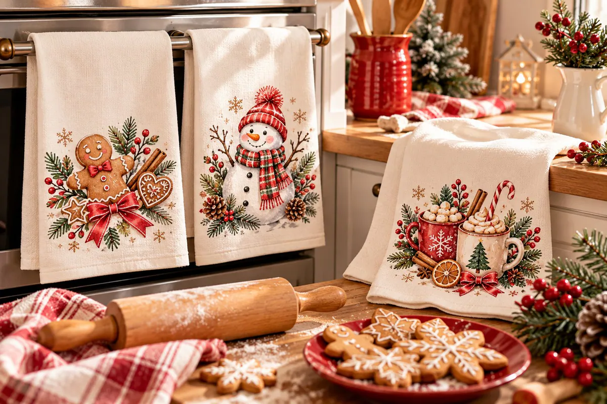 Christmas characters positioned on the lower visible panels of towels hanging over a kitchen rail