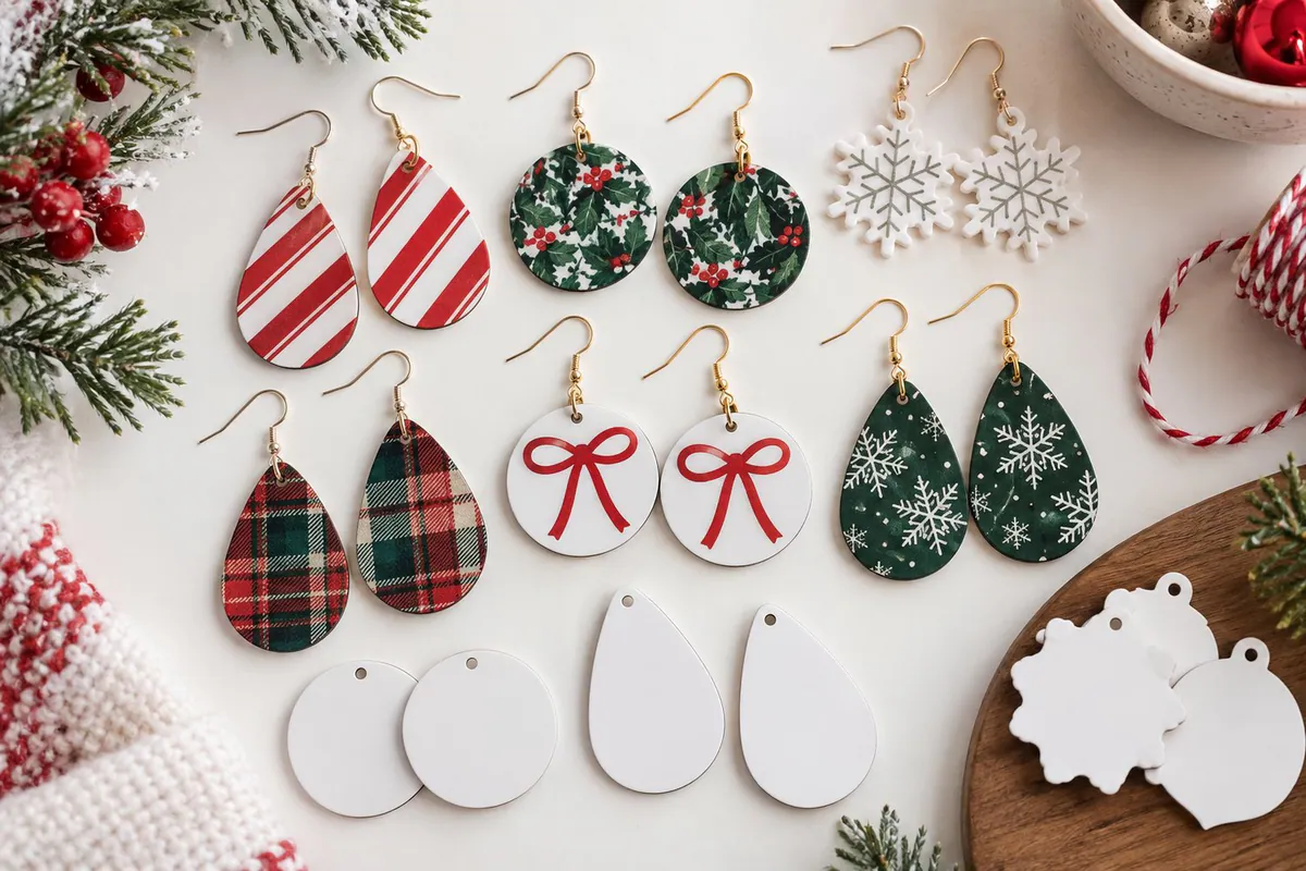 Christmas bows, snowflakes and striped patterns on round and teardrop earring pairs beside plain blanks