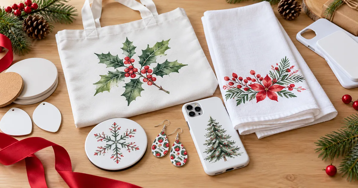 Christmas designs on a tote, folded towel, coaster, earrings and phone case beside matching blanks
