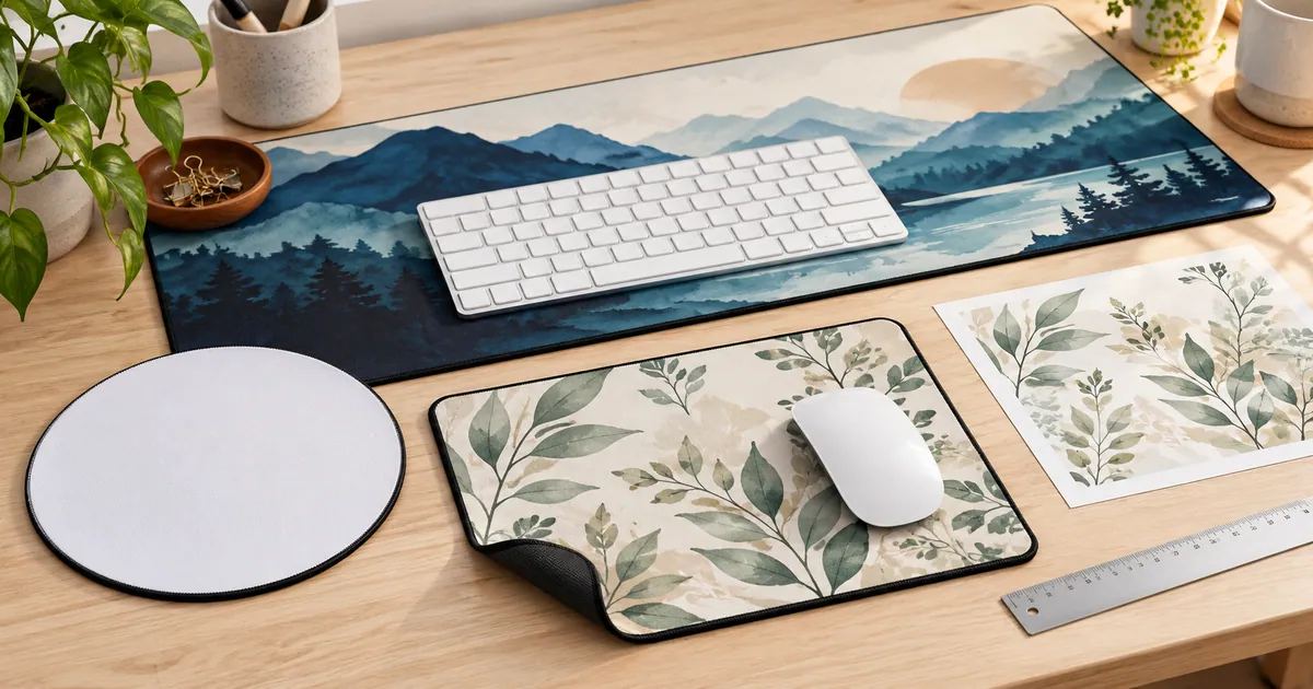 Botanical rectangular mouse pad with a mouse, a round blank and an extended landscape mat beneath a keyboard