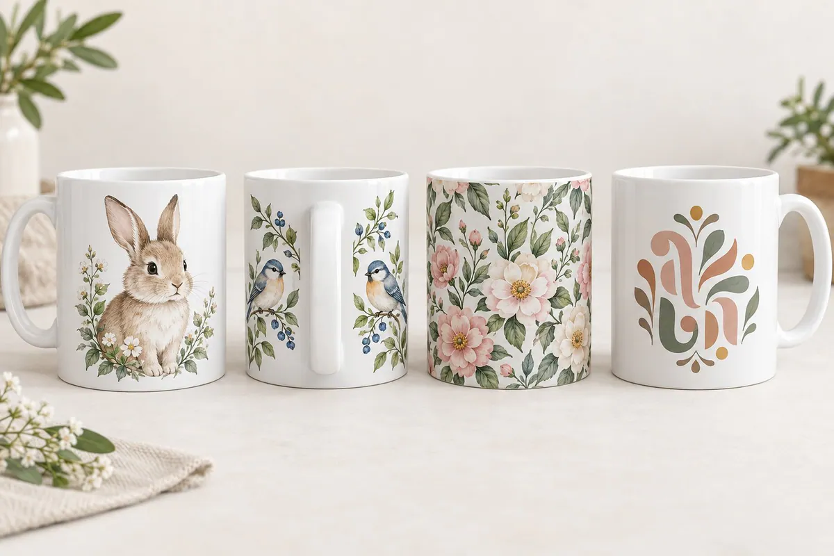 Mugs comparing a central rabbit print, artwork beside a handle, a floral wrap and a compact abstract print
