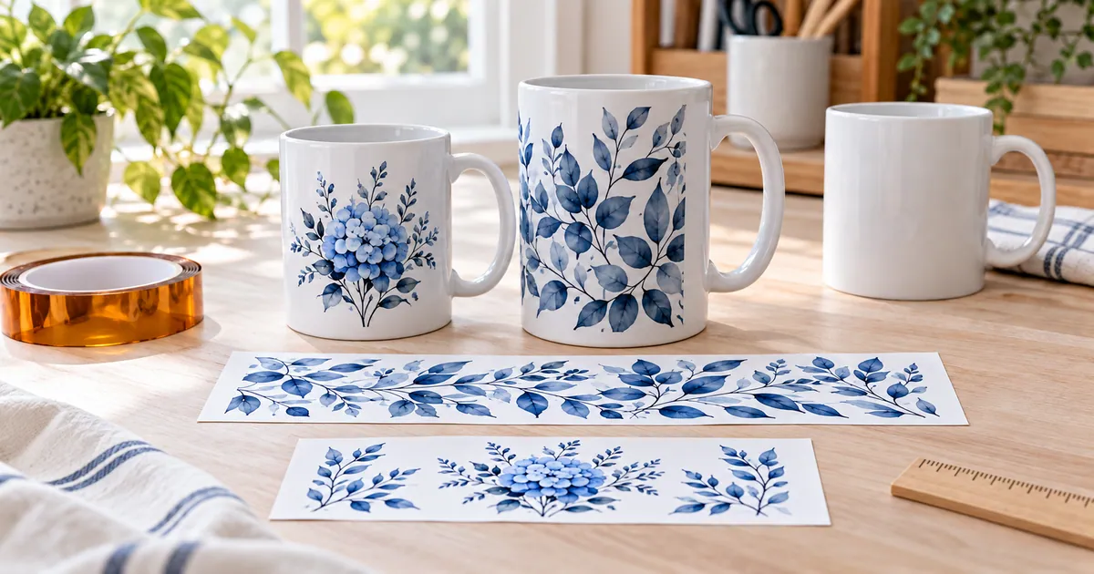 Two sizes of white ceramic mugs with blue botanical prints and differently sized paper layout proofs