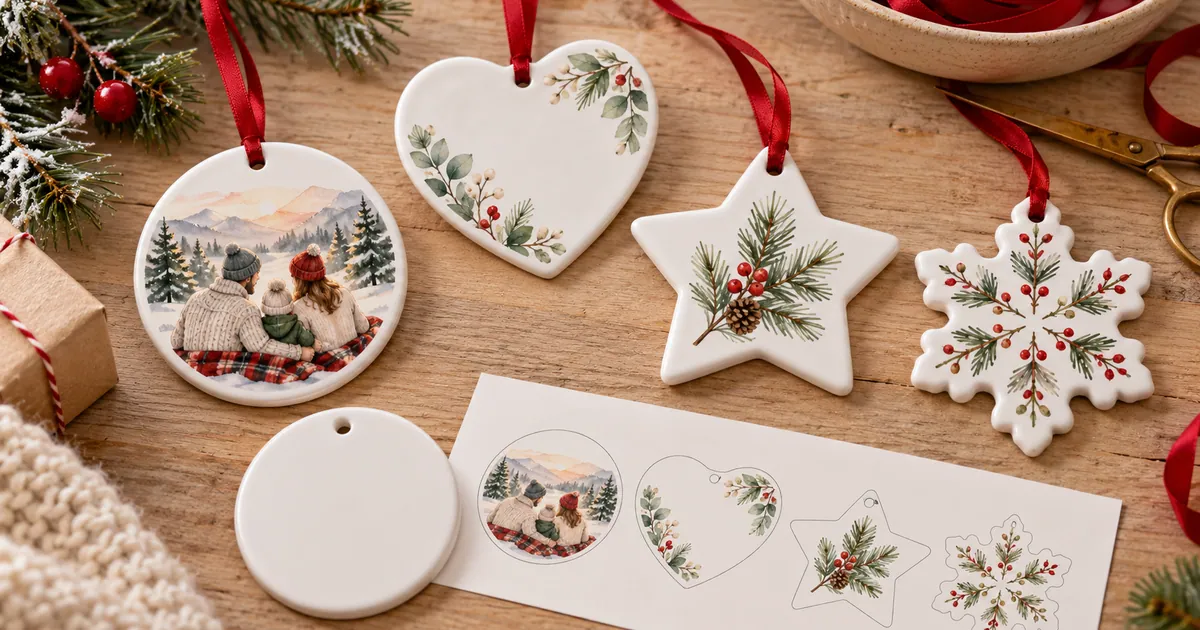 Circle, heart, star and snowflake ornament layouts beside a blank ornament and a paper proof