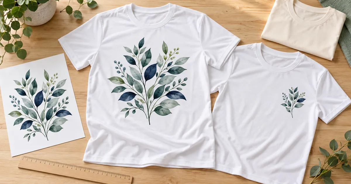 Two white tees with large and small botanical chest motifs beside a cream blank shirt and paper proof
