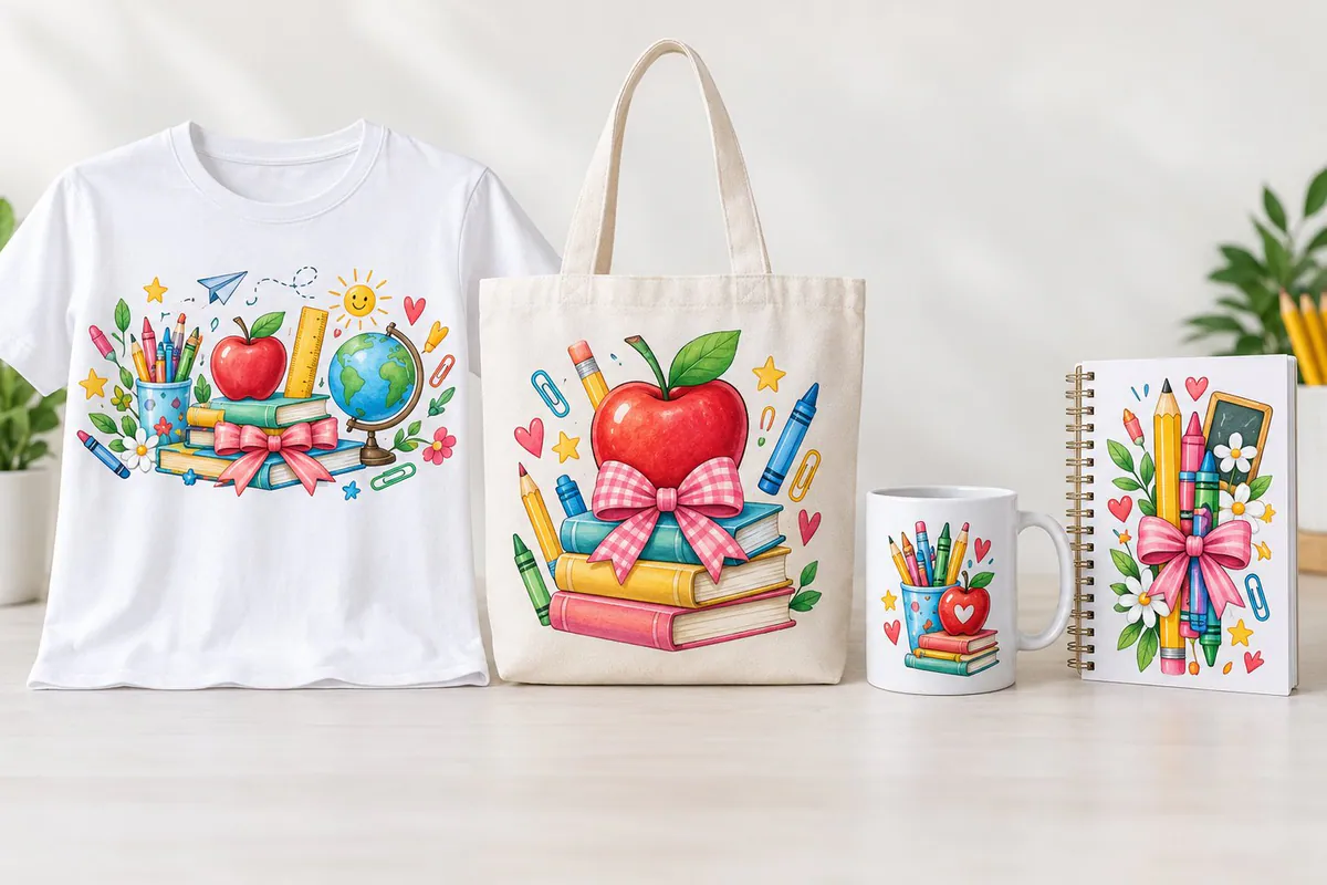 School and apple motifs arranged on a white shirt, tote, mug and notebook