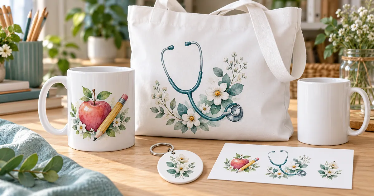 Teacher apple-and-pencil mug and nurse floral stethoscope tote beside a blank mug, botanical keychain and paper proof
