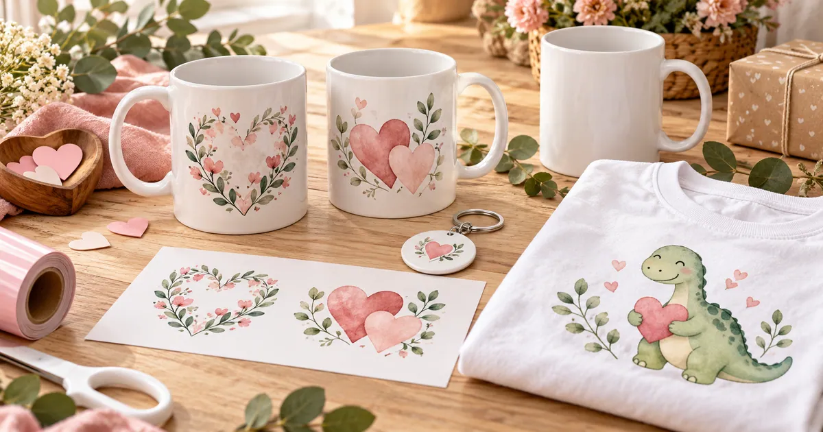 Coordinated heart mugs, a heart keychain and dinosaur Valentine shirt beside a blank mug and paper proof