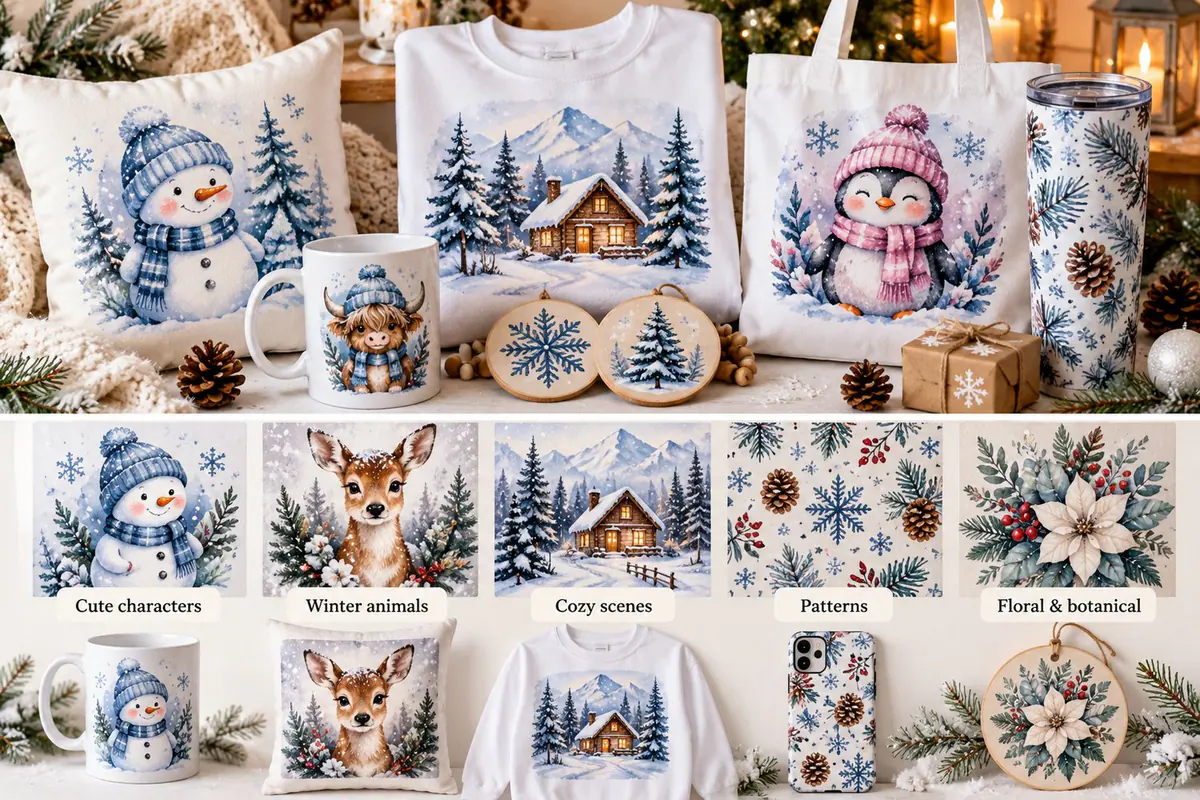 Winter characters, animal art, cabin scenes, patterns and floral motifs compared across mugs, clothing and accessories