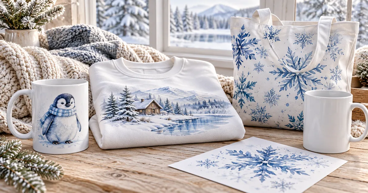 Winter penguin mug, snowy cabin sweatshirt and snowflake tote beside a blank mug and a paper snowflake print