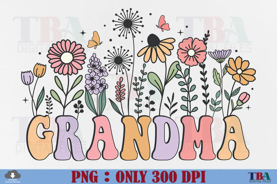 Pastel Grandma lettering beneath tall retro flowers
