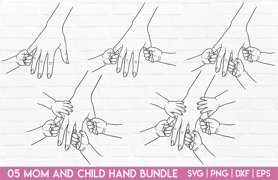 Adult and child hand combinations shown as fine line drawings