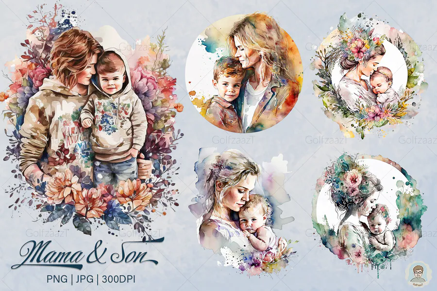Five watercolor-style mother and son portraits surrounded by flowers
