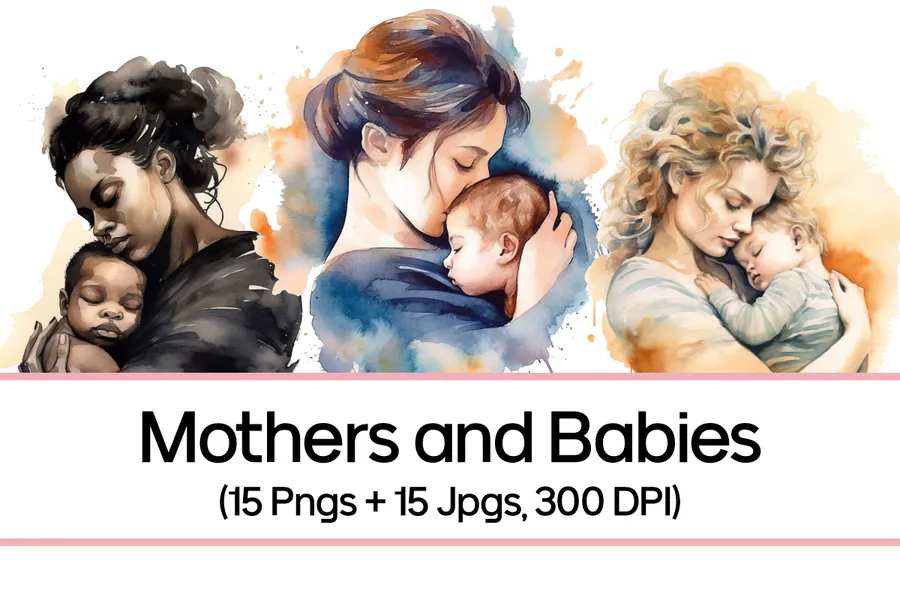 Watercolor mothers holding babies in several hair colors and skin tones