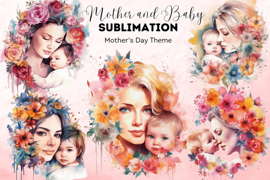 Floral mother-and-baby portrait collection in pink and warm tones