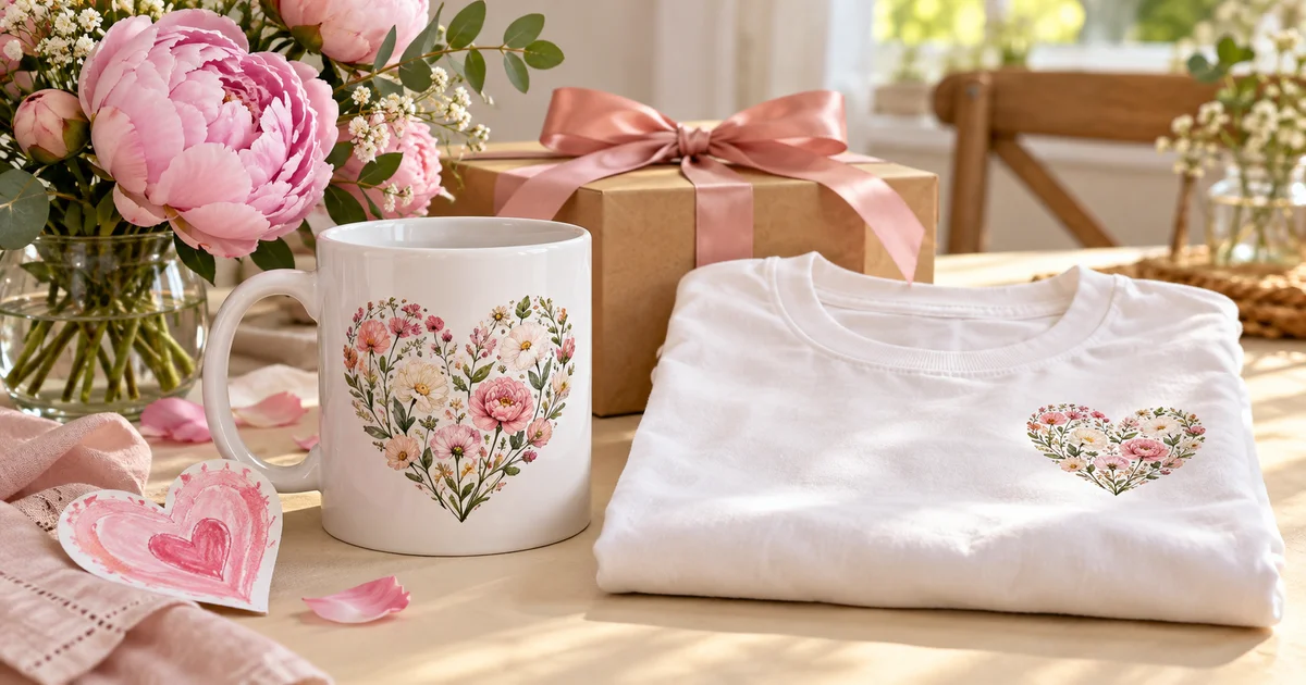 Mother's Day sublimation gifts arranged with a mug, shirt and flowers