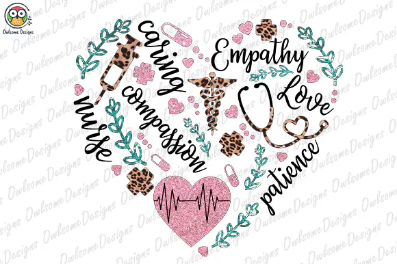 Heart-shaped nursing words with flowers, leopard accents and heartbeat detail